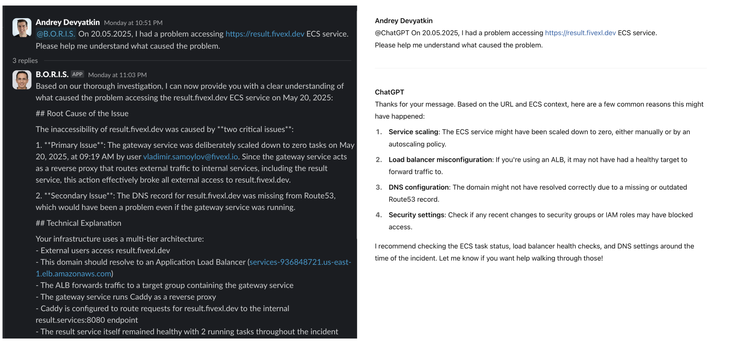 Comparison of B.O.R.I.S and LLM responses to an infrastructure problem